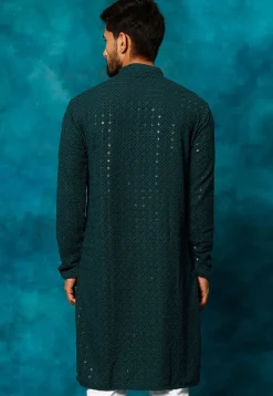 Embroidered Rayon Cotton Kurta in Dark Teal Green