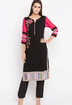 Embroidered Rayon Cotton Kurta in in Black and Fuchsia