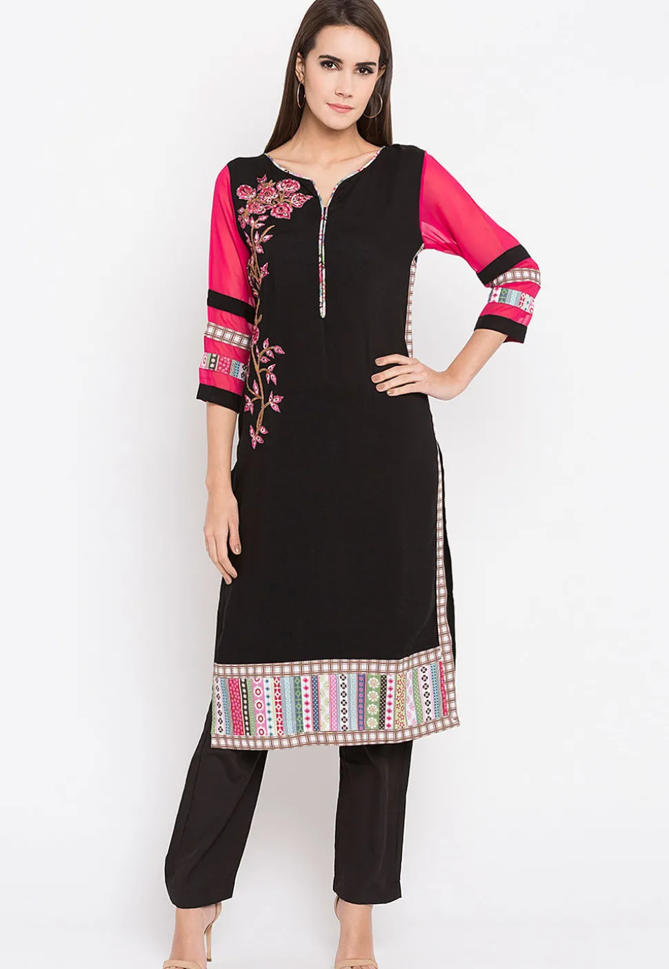 Embroidered Rayon Cotton Kurta in in Black and Fuchsia