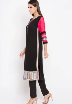 Embroidered Rayon Cotton Kurta in in Black and Fuchsia