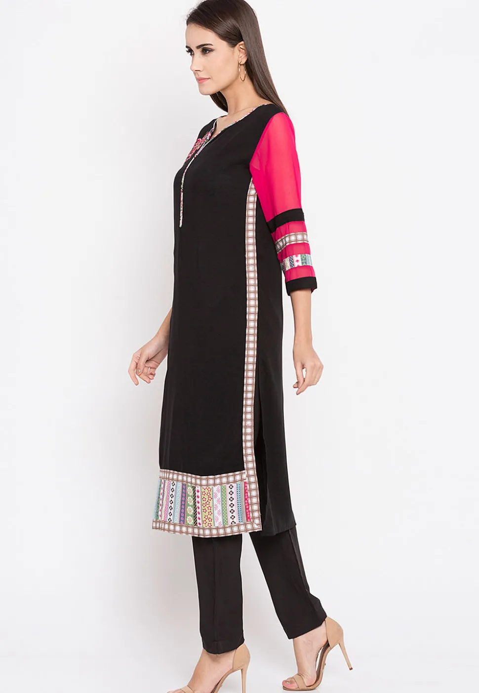 Embroidered Rayon Cotton Kurta in in Black and Fuchsia