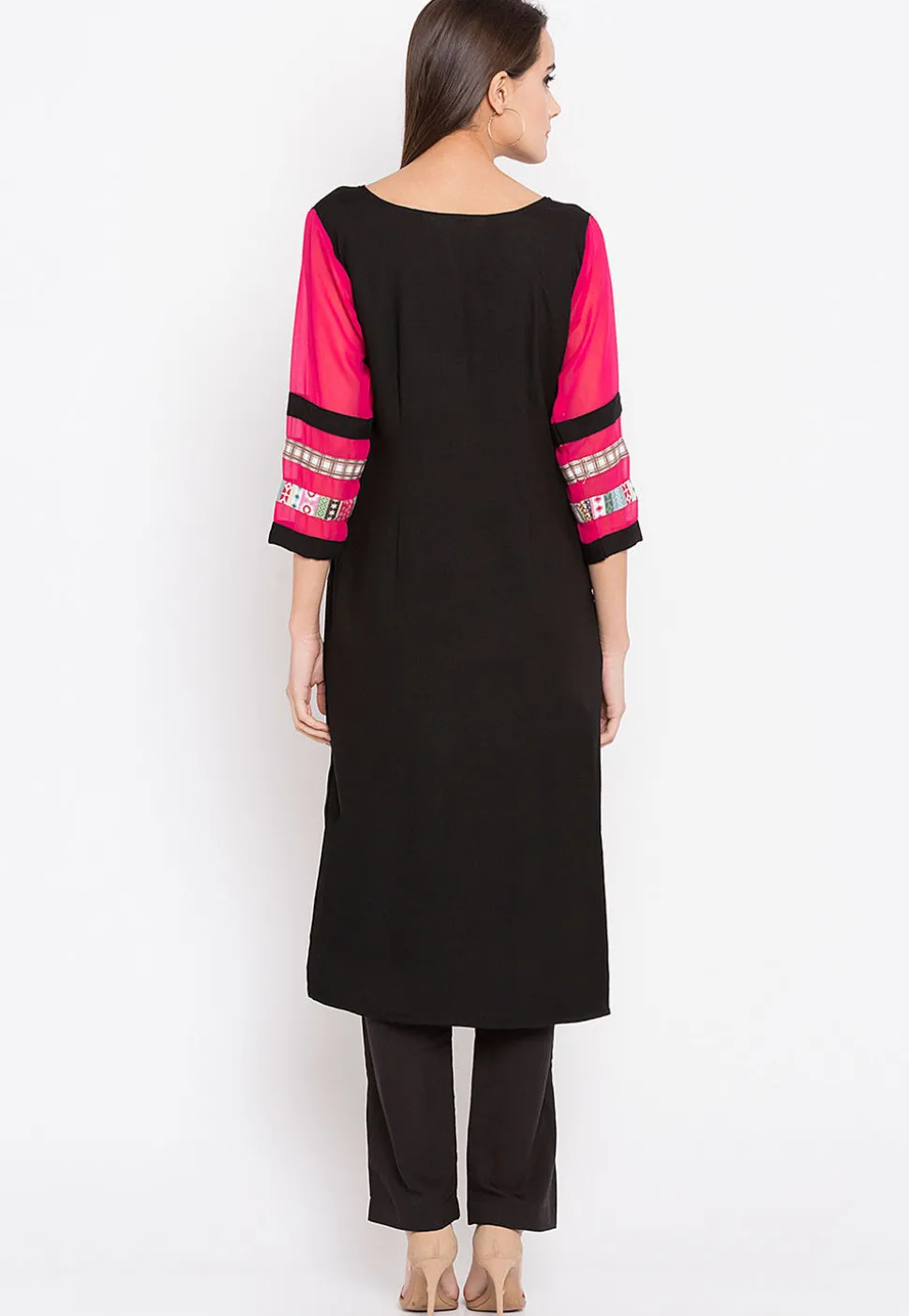 Embroidered Rayon Cotton Kurta in in Black and Fuchsia