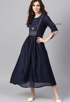Embroidered Rayon Cotton A Line Kurta in Navy Blue