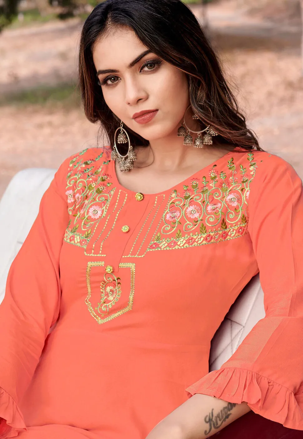 Embroidered Rayon Dress in Peach