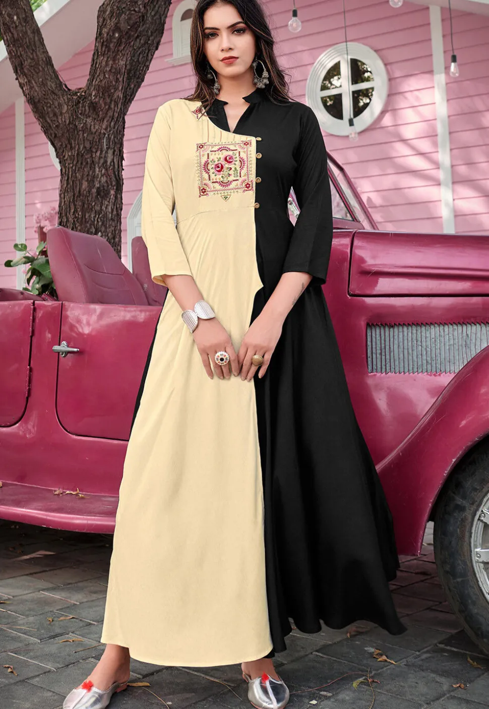 Embroidered Rayon Dress in Cream and Black