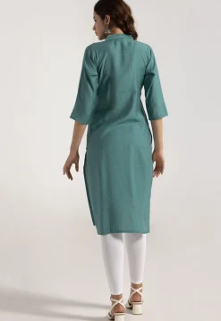 Embroidered Rayon Jacquard Straight Kurta in Green