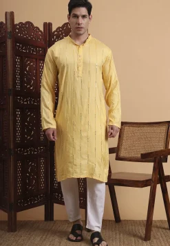 Embroidered Rayon Kurta in Yellow