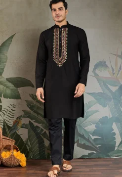 Embroidered Rayon Kurta in Black