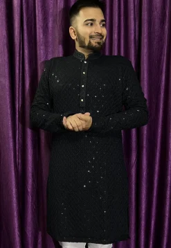 Embroidered Rayon Kurta in Black