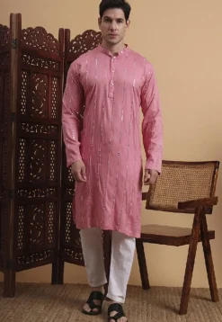 Embroidered Rayon Kurta in Pink