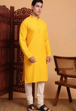 Embroidered Rayon Kurta Set in Mustard