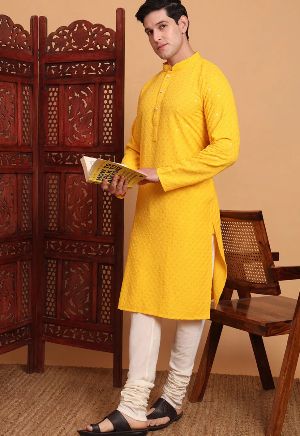 Embroidered Rayon Kurta Set in Mustard