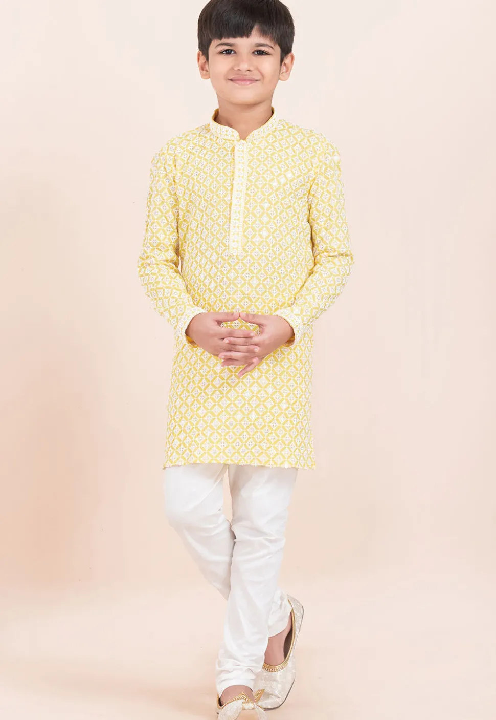 Embroidered Rayon Kurta Set in Yellow