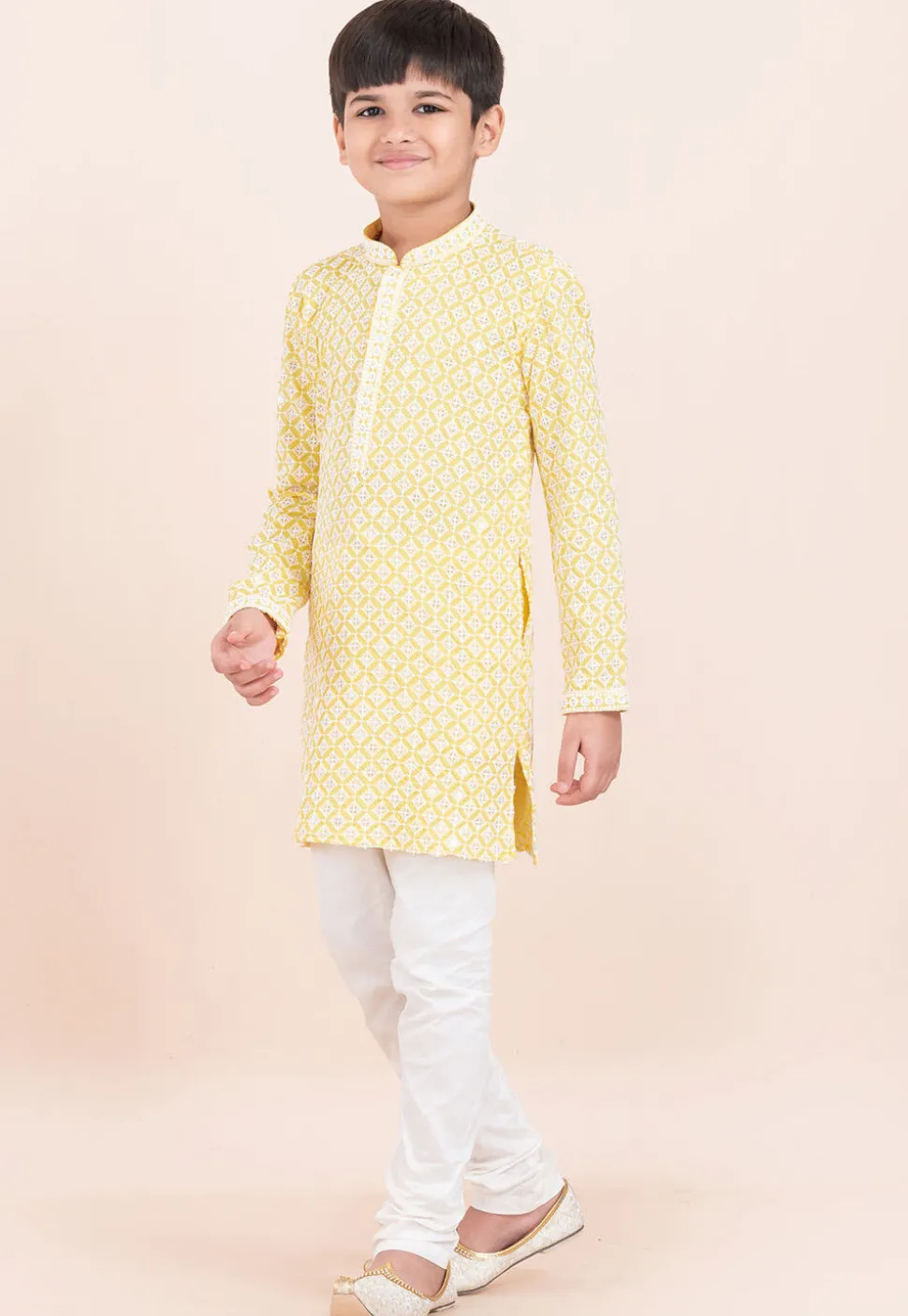 Embroidered Rayon Kurta Set in Yellow