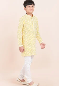 Embroidered Rayon Kurta Set in Yellow