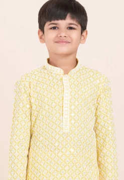 Embroidered Rayon Kurta Set in Yellow