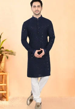 Embroidered Rayon Kurta Set in Navy Blue