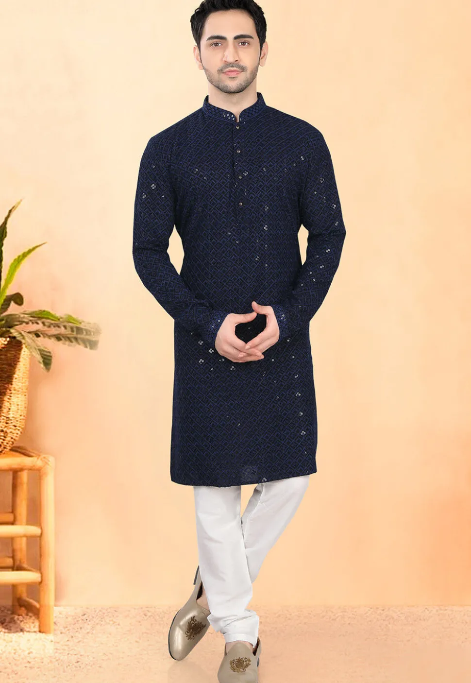Embroidered Rayon Kurta Set in Navy Blue