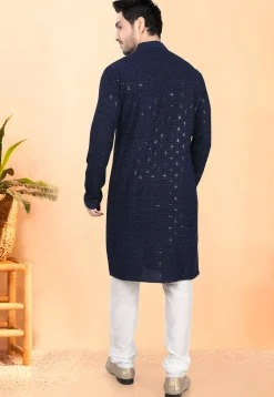 Embroidered Rayon Kurta Set in Navy Blue