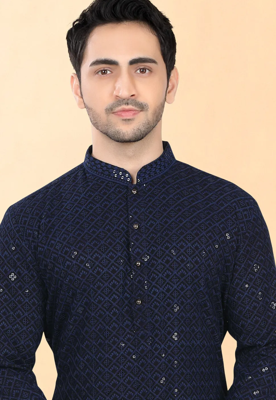 Embroidered Rayon Kurta Set in Navy Blue
