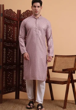 Embroidered Rayon Kurta Set in Light Purple