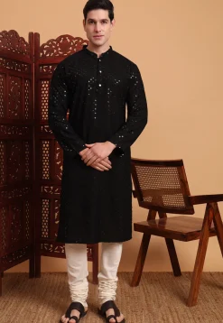 Embroidered Rayon Kurta Set in Black