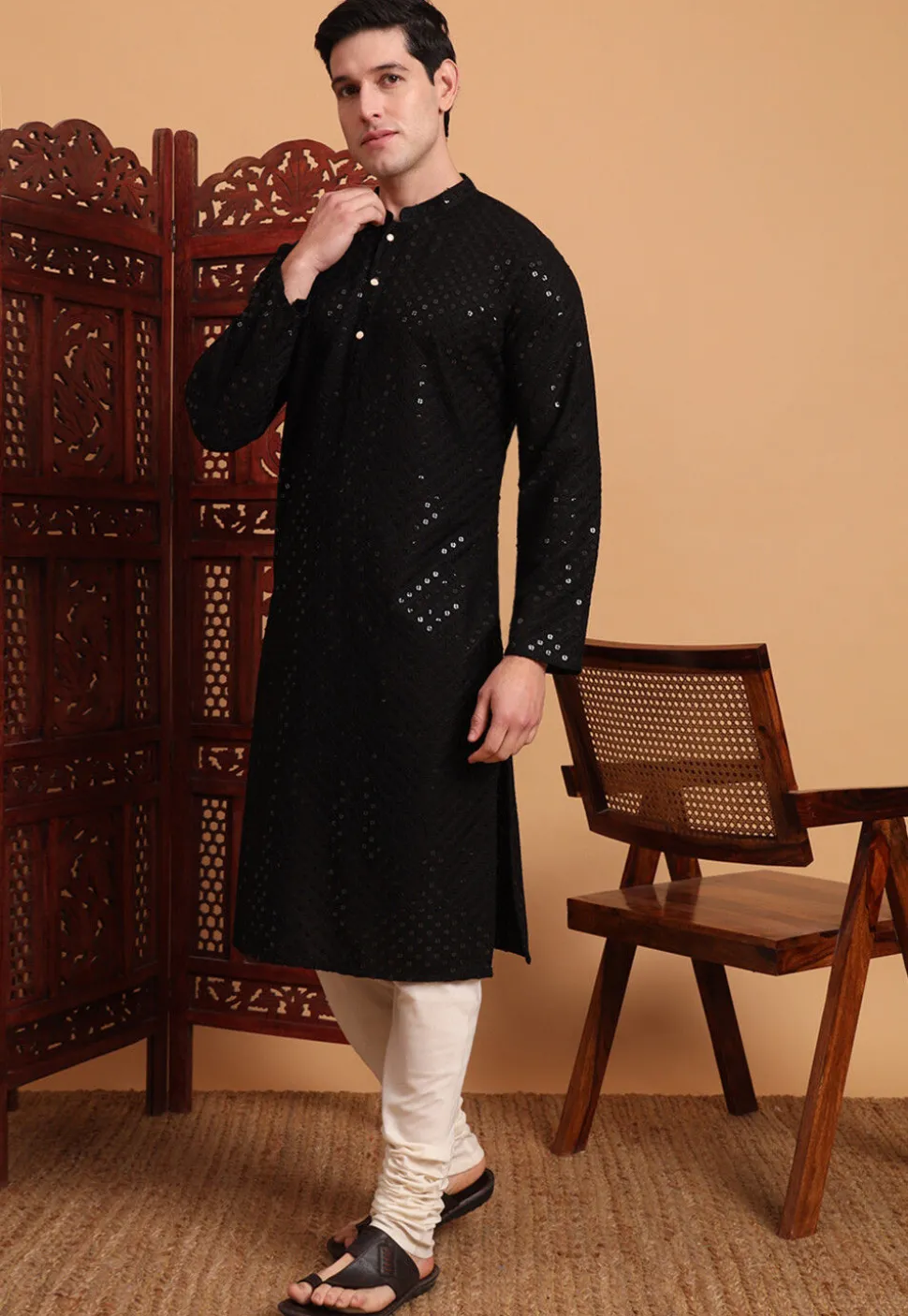 Embroidered Rayon Kurta Set in Black