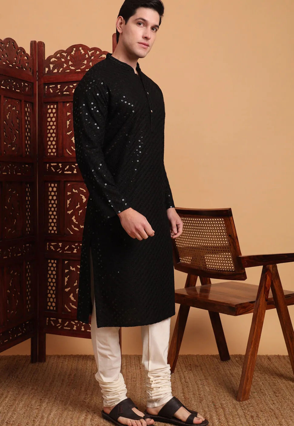 Embroidered Rayon Kurta Set in Black