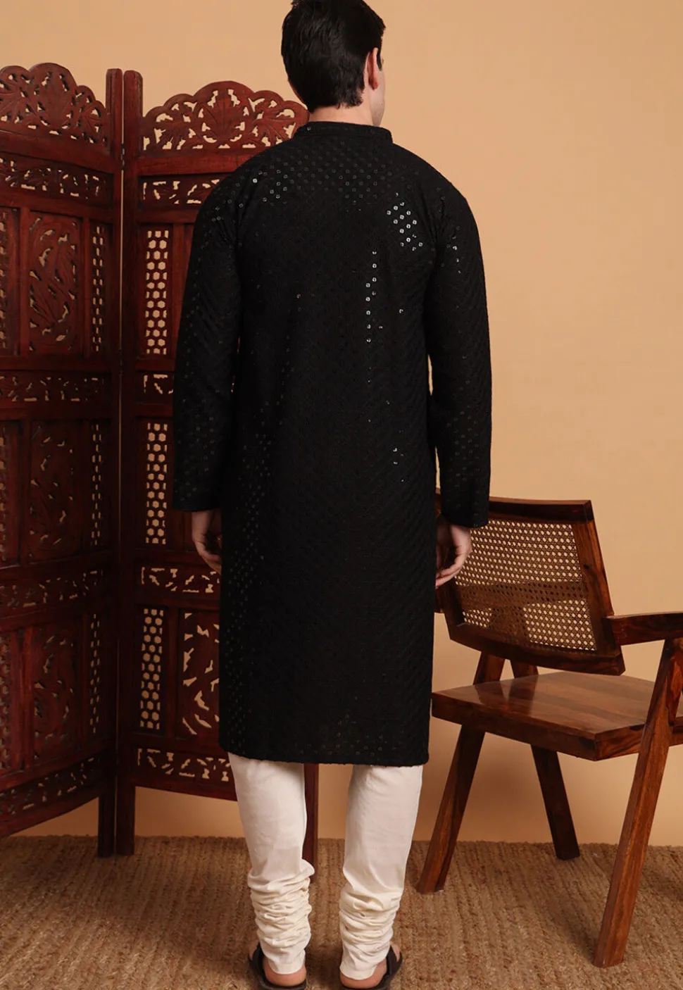 Embroidered Rayon Kurta Set in Black