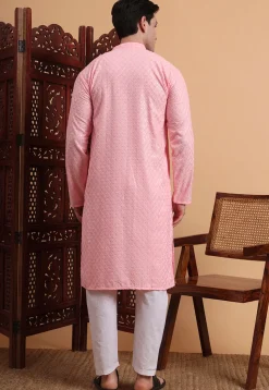 Embroidered Rayon Kurta Set in Pink