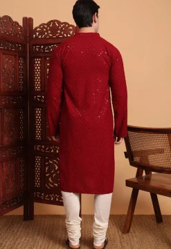 Embroidered Rayon Kurta Set in Maroon