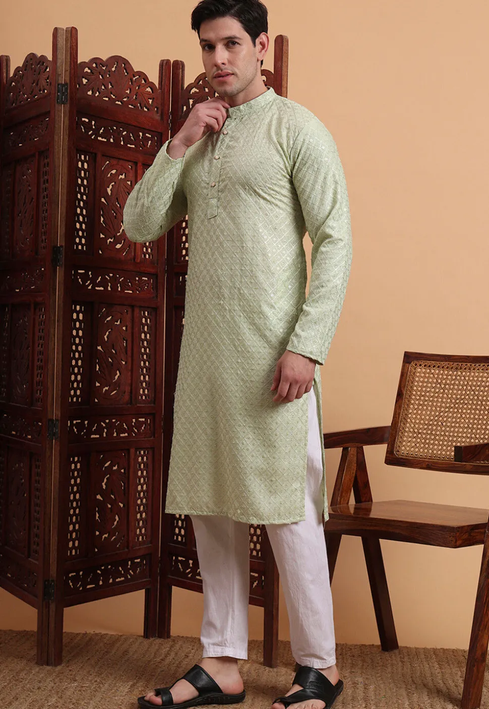 Embroidered Rayon Kurta Set in Light Green