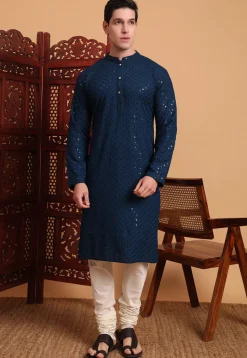 Embroidered Rayon Kurta Set in Dark Teal Blue