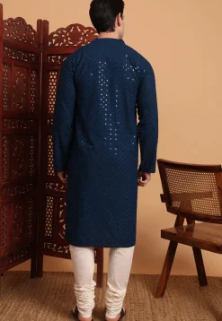 Embroidered Rayon Kurta Set in Dark Teal Blue