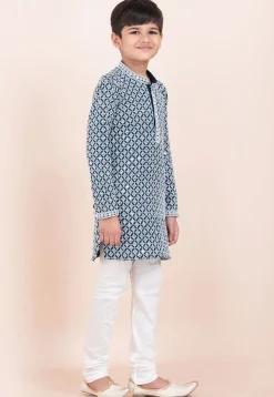 Embroidered Rayon Kurta Set in Teal Blue