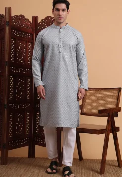 Embroidered Rayon Kurta Set in Grey