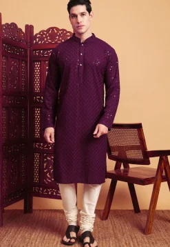 Embroidered Rayon Kurta Set in Violet