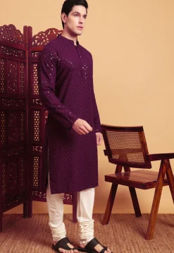 Embroidered Rayon Kurta Set in Violet