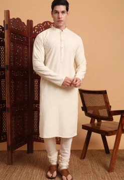Embroidered Rayon Kurta Set in Cream