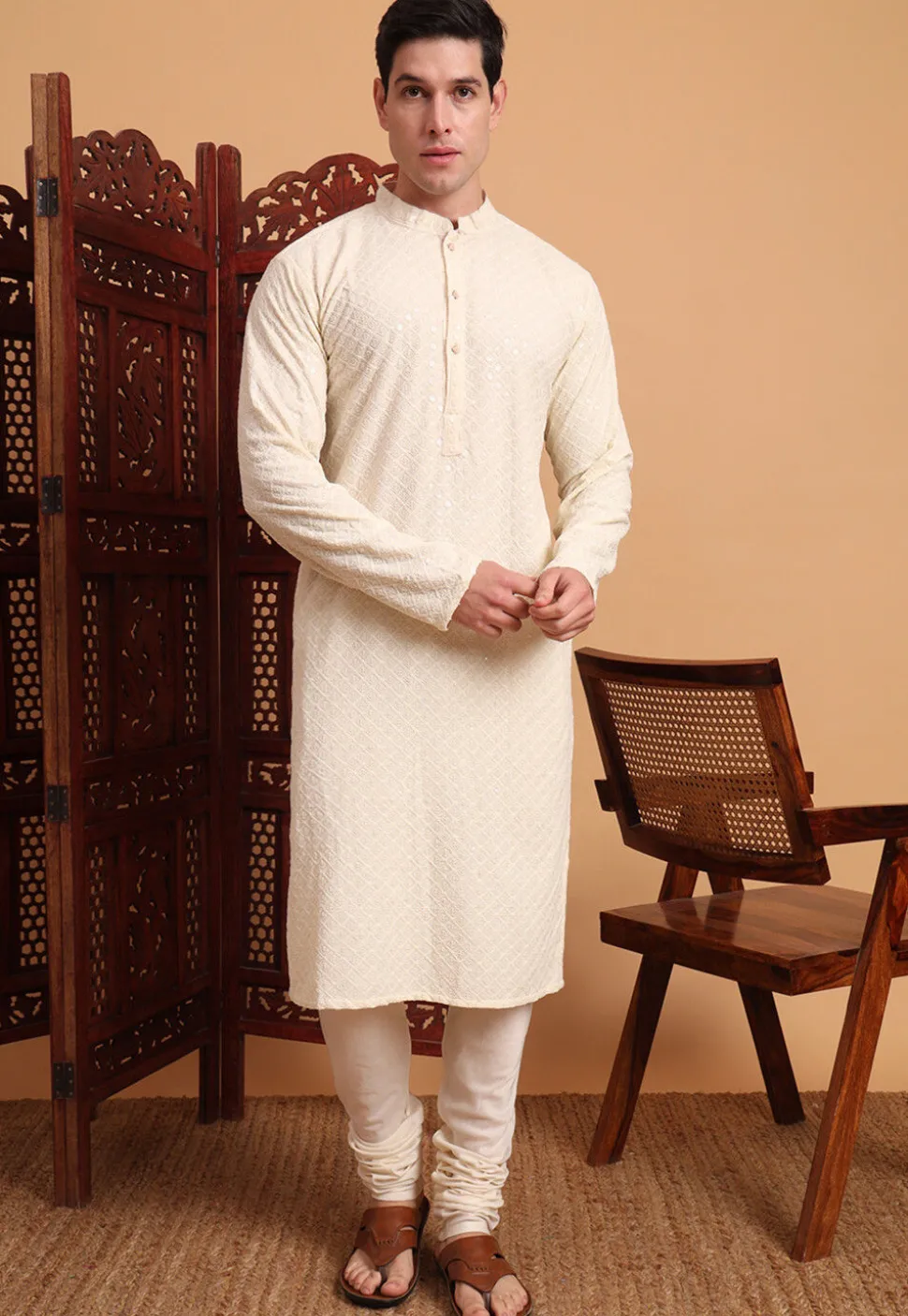 Embroidered Rayon Kurta Set in Cream