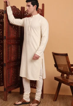 Embroidered Rayon Kurta Set in Cream