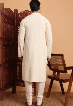 Embroidered Rayon Kurta Set in Cream