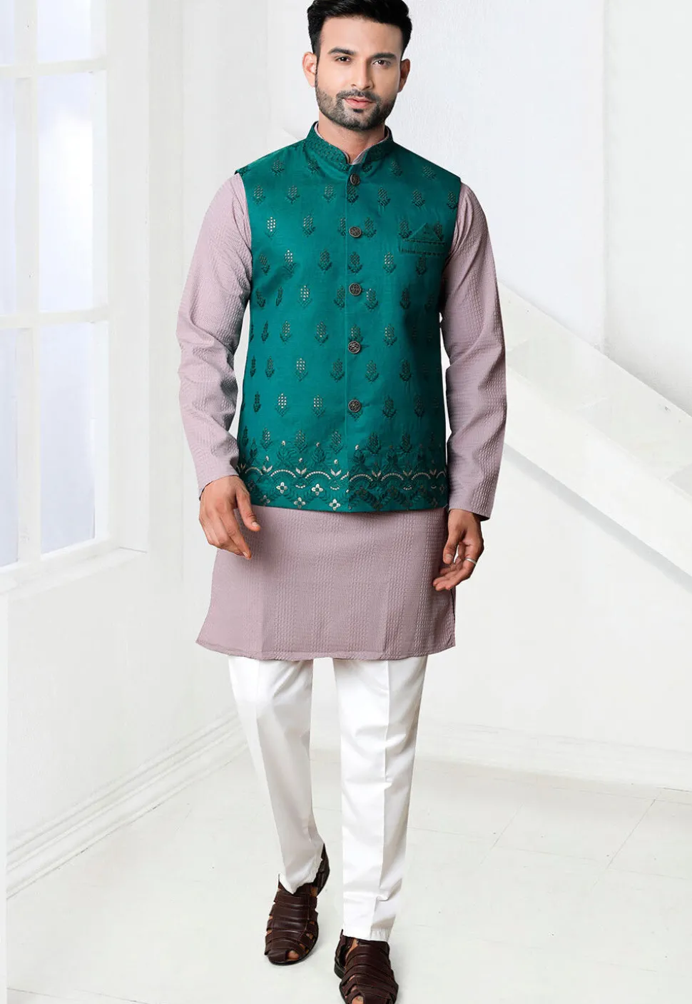 Embroidered Rayon Kurta Set in Purple and Teal Green