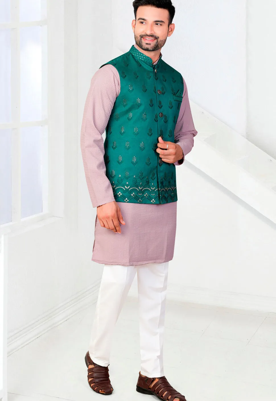 Embroidered Rayon Kurta Set in Purple and Teal Green