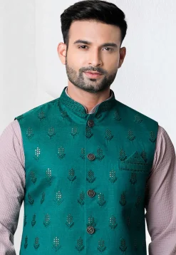 Embroidered Rayon Kurta Set in Purple and Teal Green