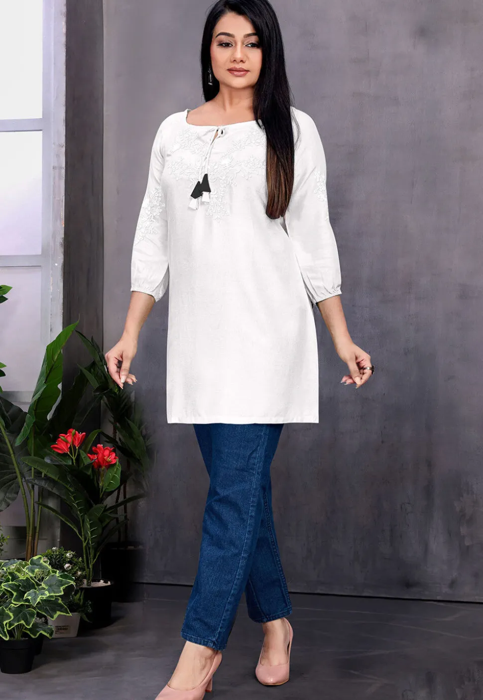 Embroidered Rayon Kurti in Off White