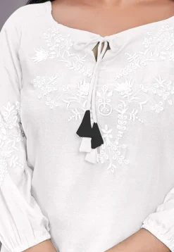 Embroidered Rayon Kurti in Off White