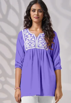 Embroidered Rayon Kurti in Purple
