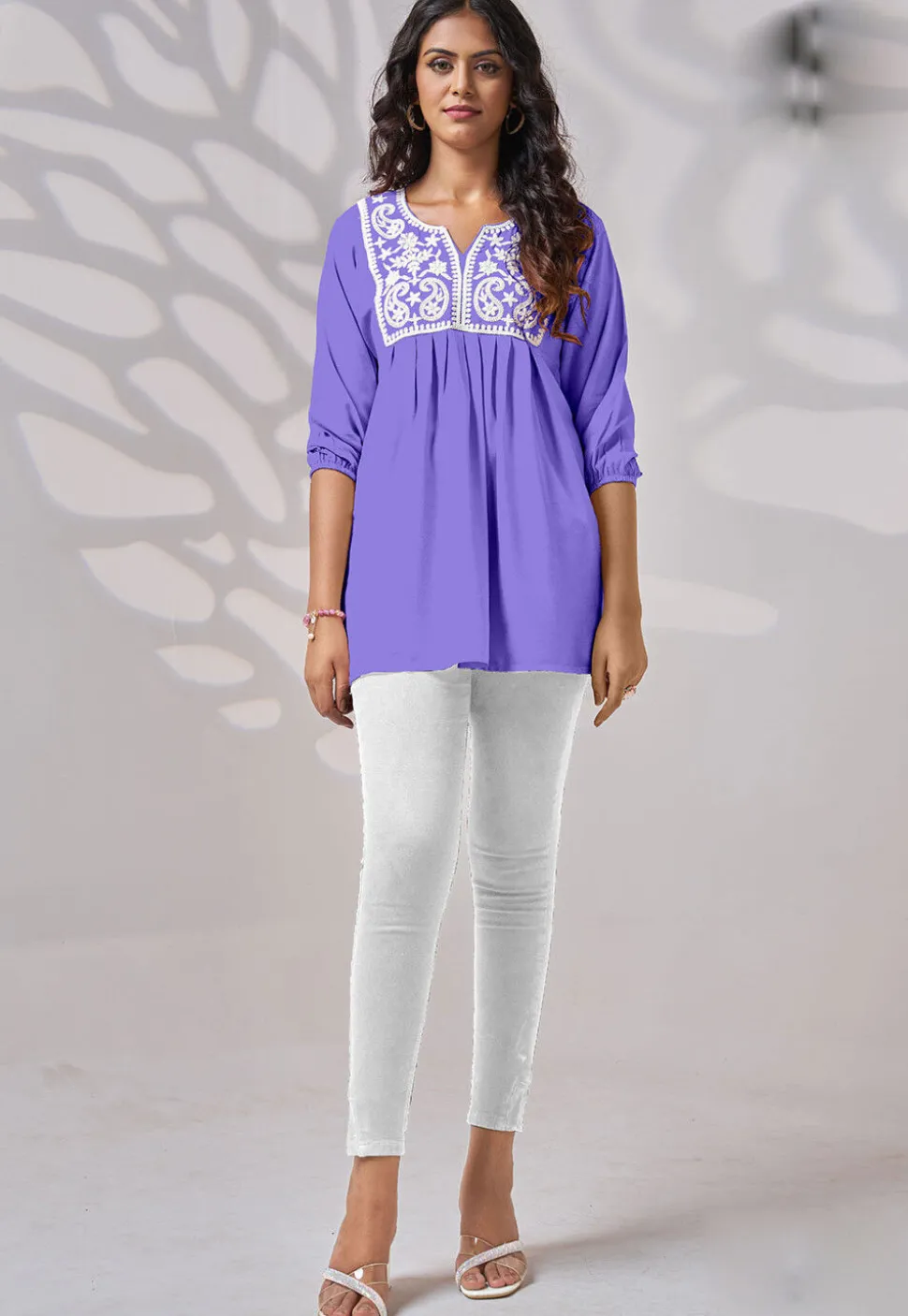 Embroidered Rayon Kurti in Purple