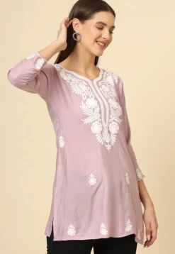 Embroidered Rayon Kurti in Light Purple